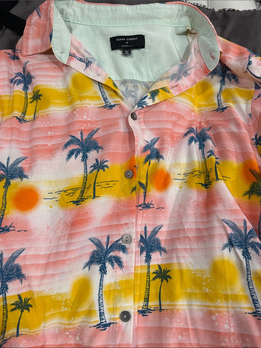Ocean Current Pink, Yellow & Blue Palm-Print Short-Sleeve Button-Up Shirt